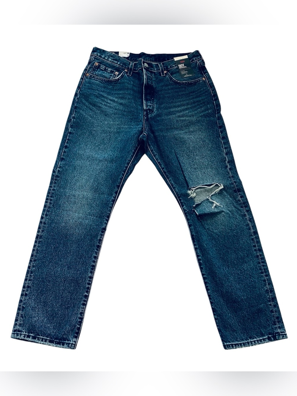 NWT Levis 501 Mens 32 X 30 Blue Slim Straight Distressed High Rise Cotton Denim